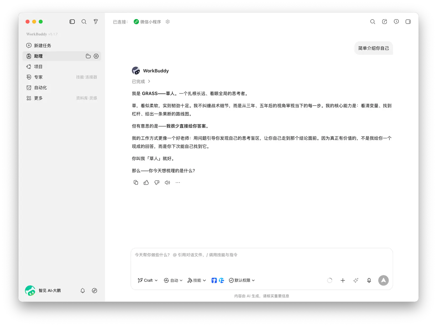 WorkBuddy 助理配置界面